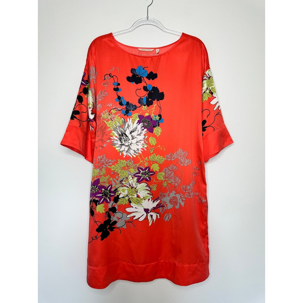 Soft Surroundings Satin Shift Dress Size M Orange Coral Floral‎ Asian Inspired
